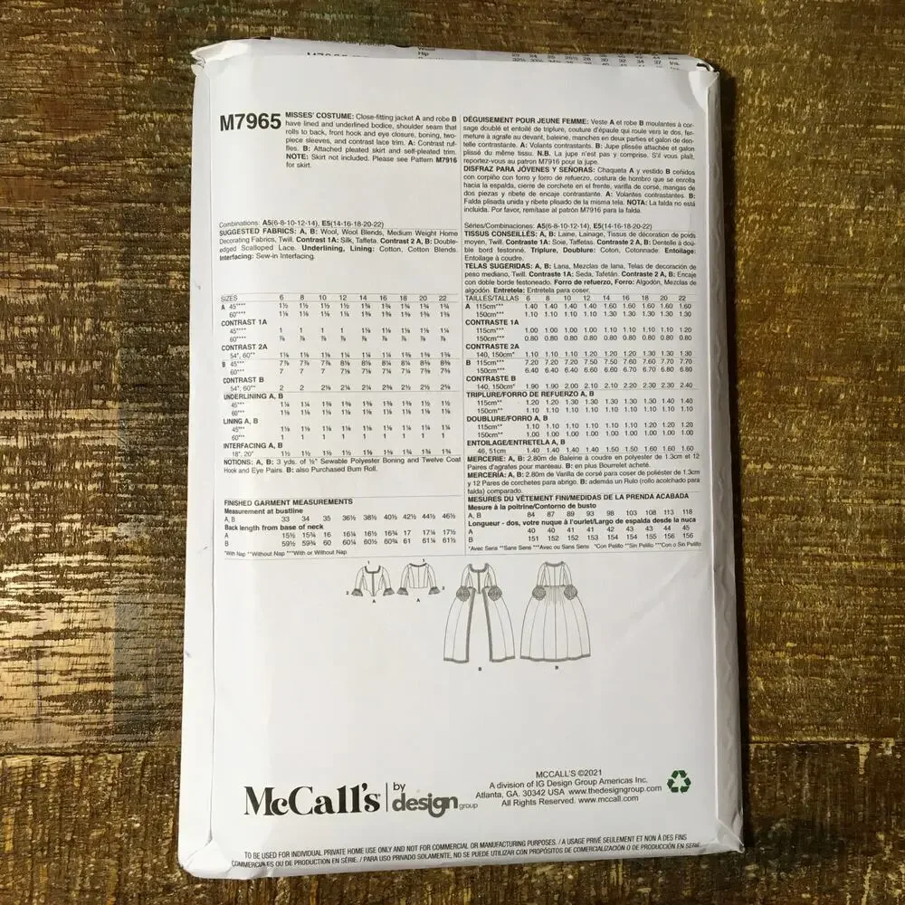 McCalls Sewing Pattern M7965 Outlander Claire Corsage American Dress 14-22 UNCUT